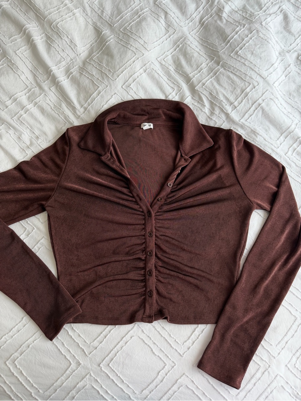 Garage Brown Ruched Button-Front Long Sleeve Top